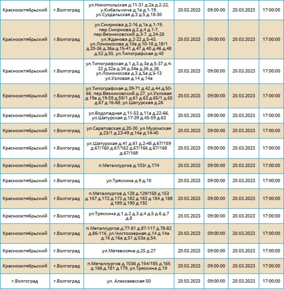 В пяти районах Волгограда 20 марта на несколько часов отключат электричество